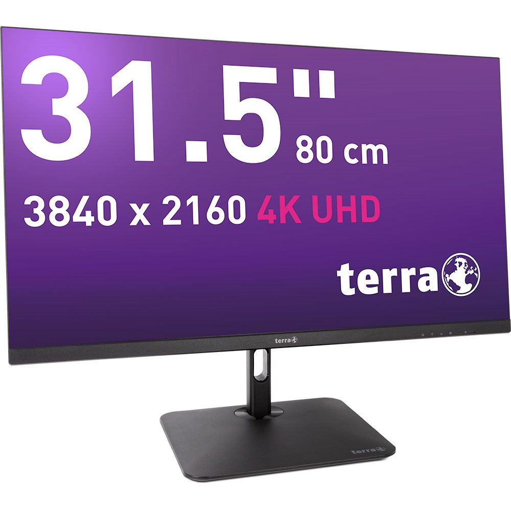 Un moniteur de 31,5 pouces avec une résolution 4K UHD, affiché sur un pied noir.
