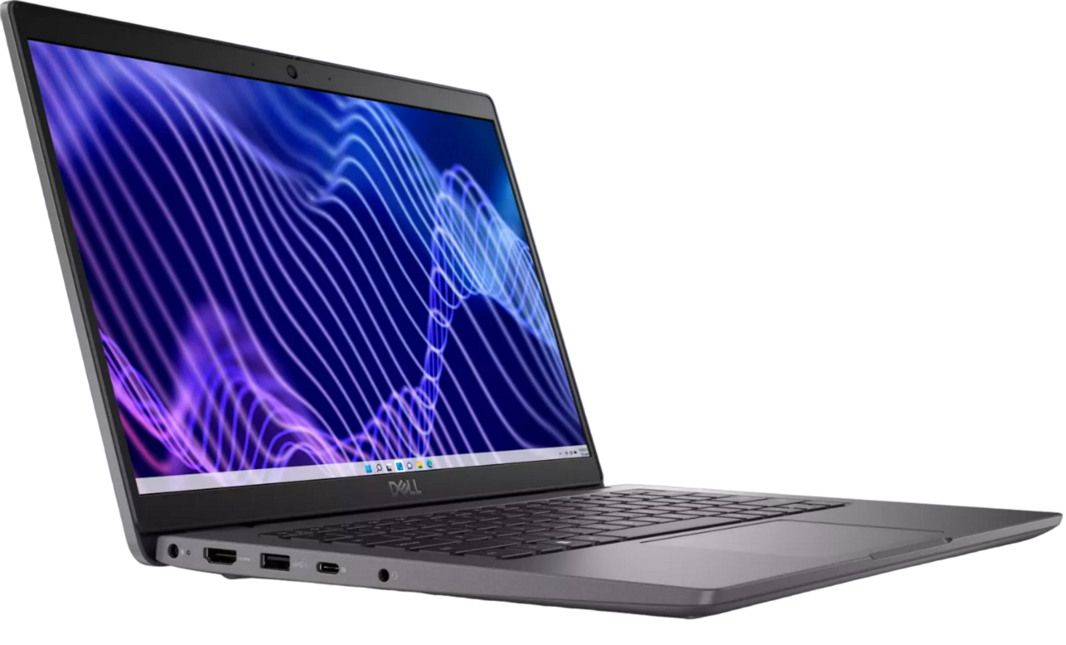 Un laptop Dell grigio aperto mostra uno sfondo blu ondulato sullo schermo.