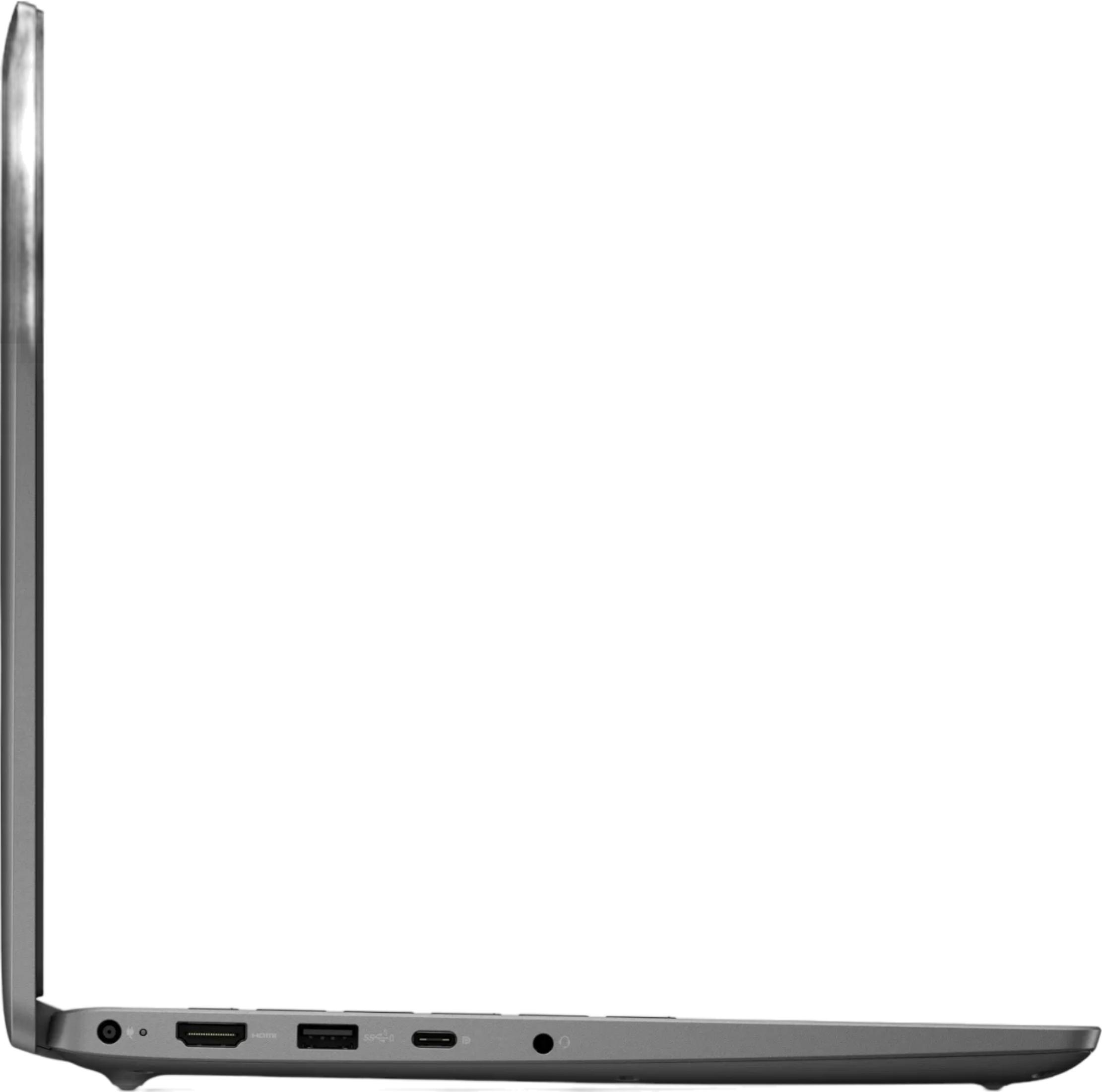 Vista laterale di un laptop grigio con porte come HDMI e USB-C.