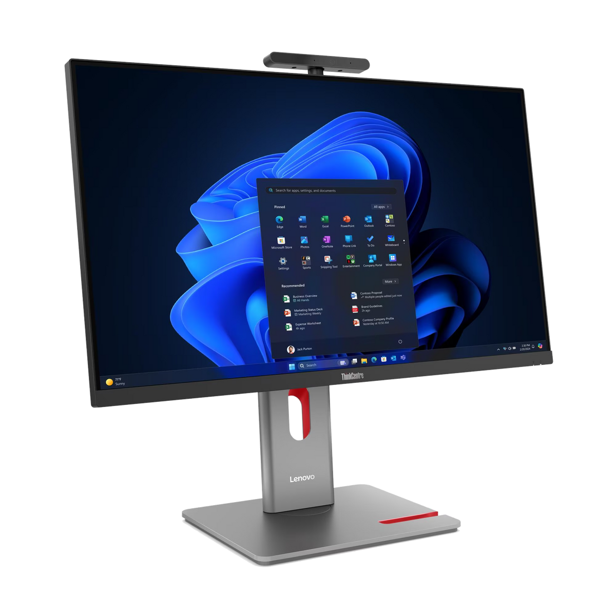 Komputer All-in-One Lenovo ThinkCentre z menu Start na ekranie.