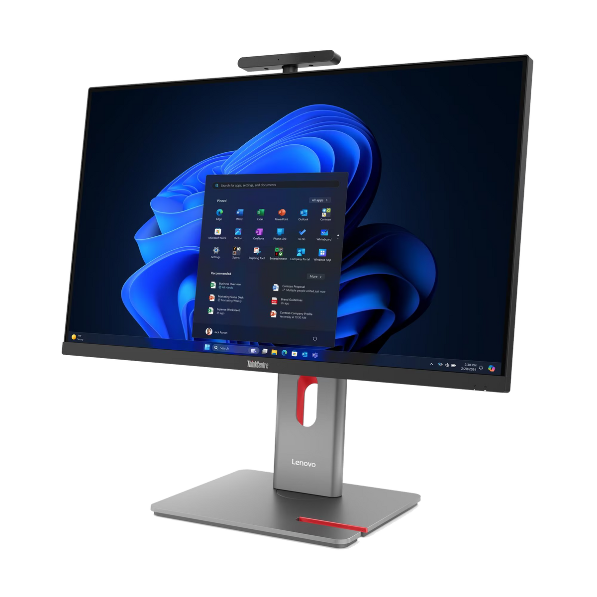 Monitor Lenovo ThinkCentre z kamerą internetową, wyświetlający menu Start systemu Windows 11.