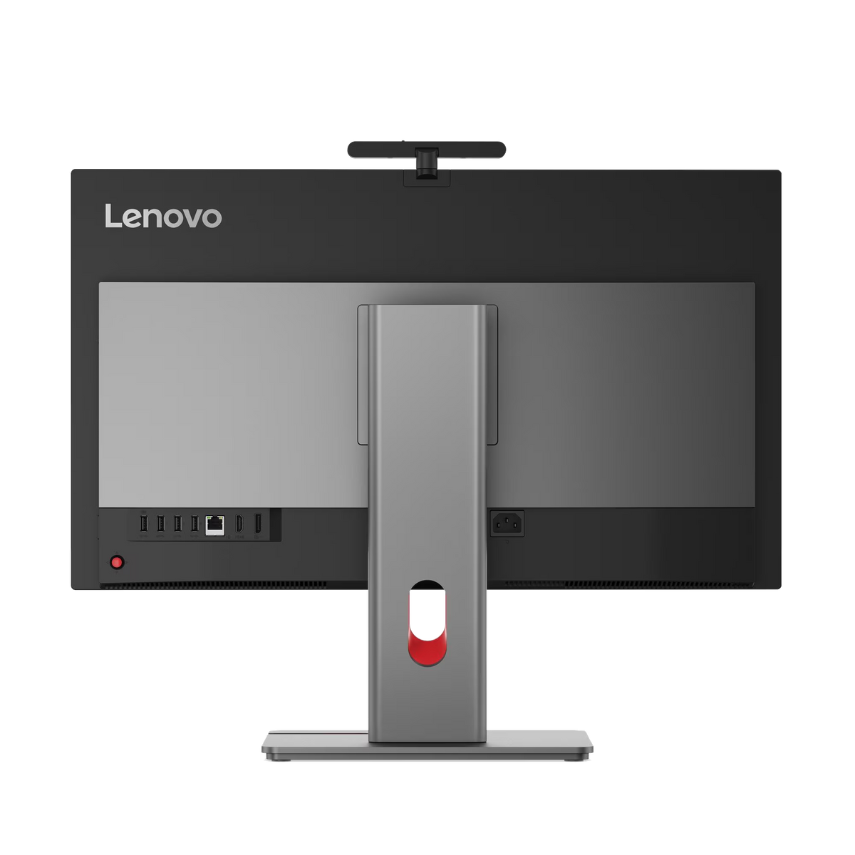 Tył komputera All-in-One Lenovo z portami i przyciskiem zasilania.
