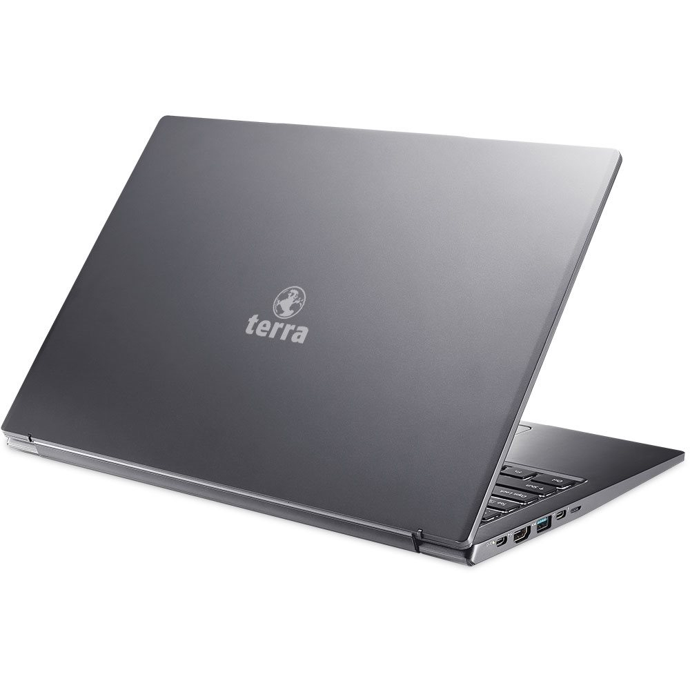 Szary laptop z logo Terra na pokrywie, widoczne porty boczne.
