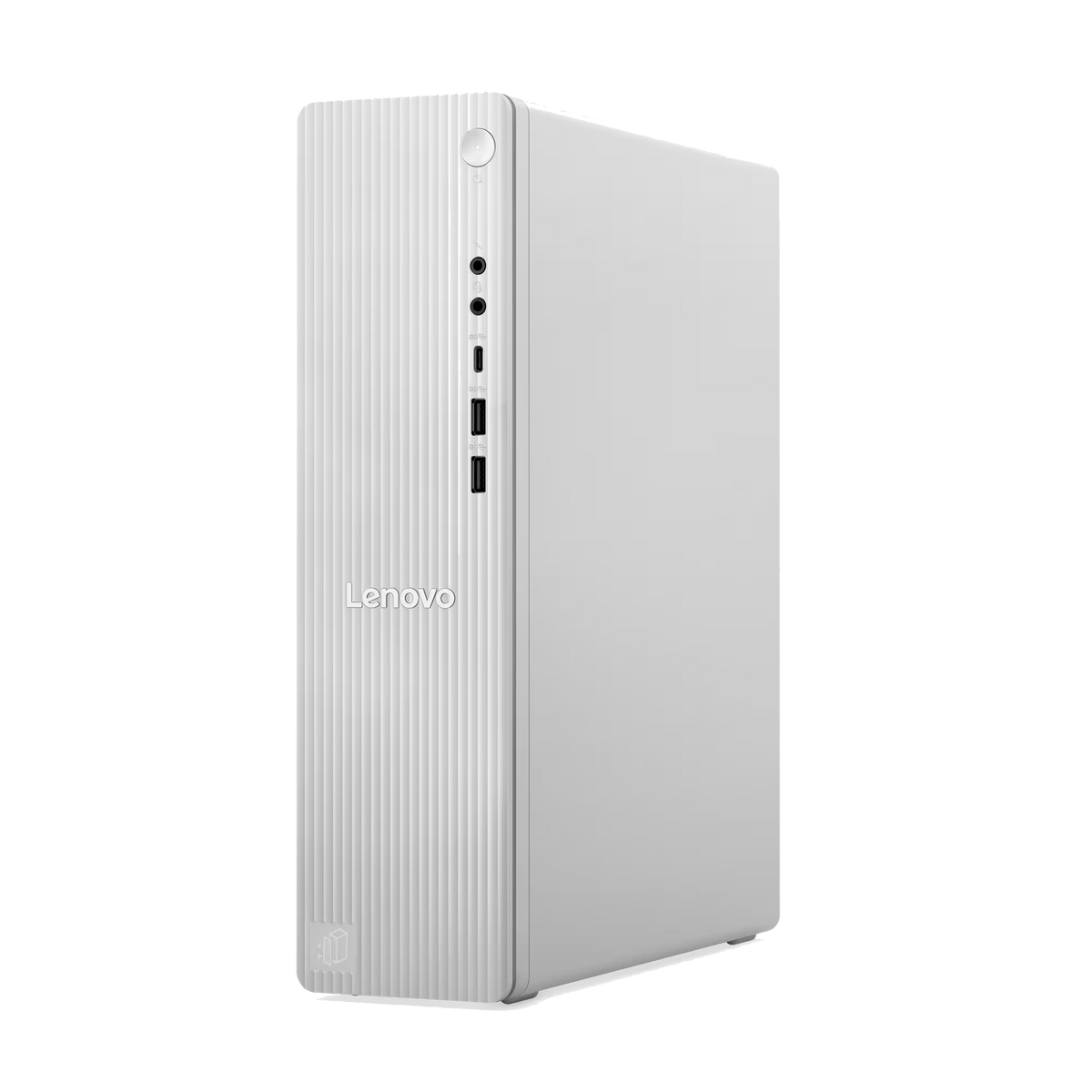 Computer desktop Lenovo bianco con pannello frontale a coste verticali e porte USB.