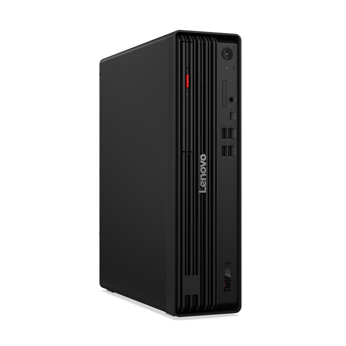 Un PC nero Lenovo ThinkCentre con fessure di ventilazione e porte.