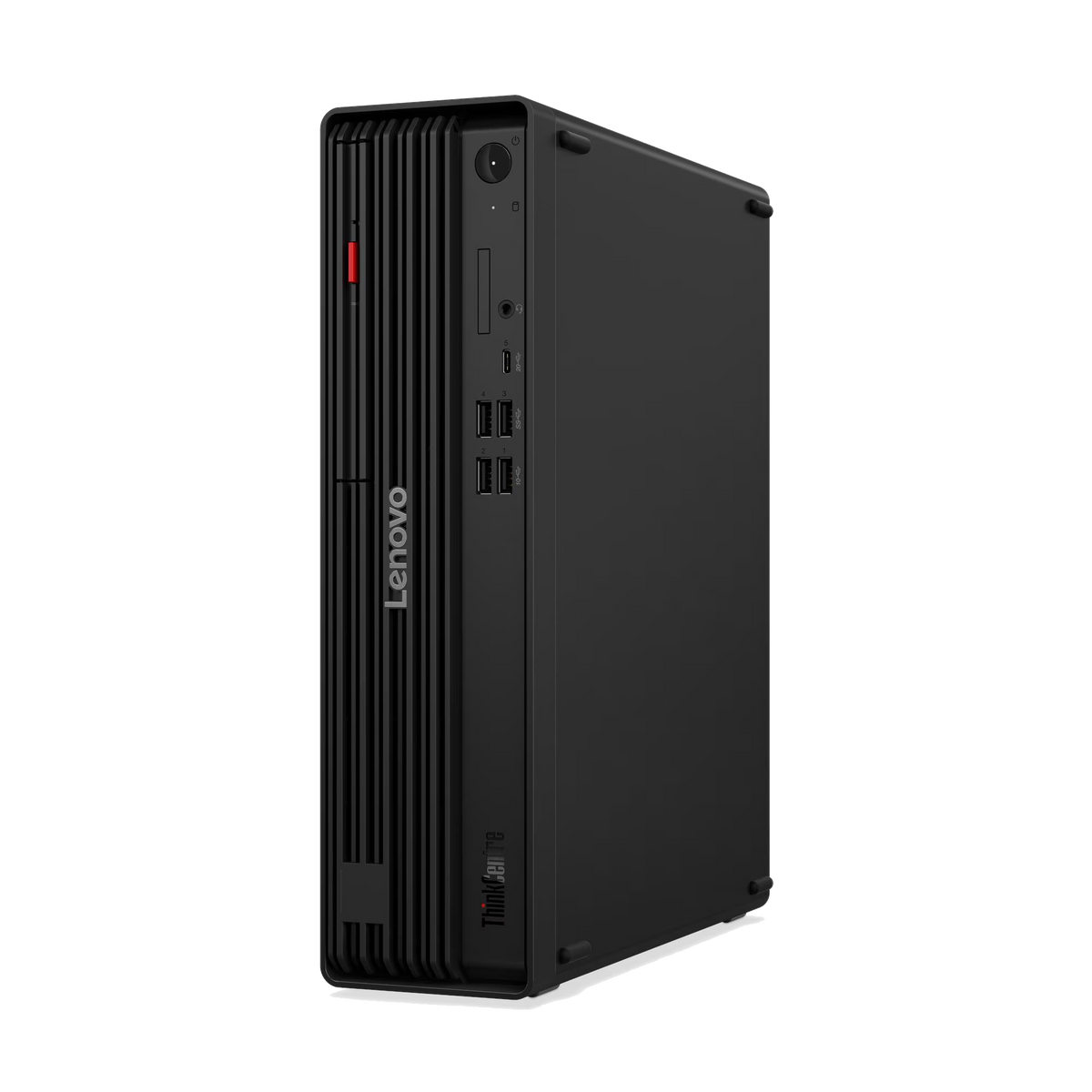 Un computer desktop Lenovo ThinkCentre nero con porte USB frontali.