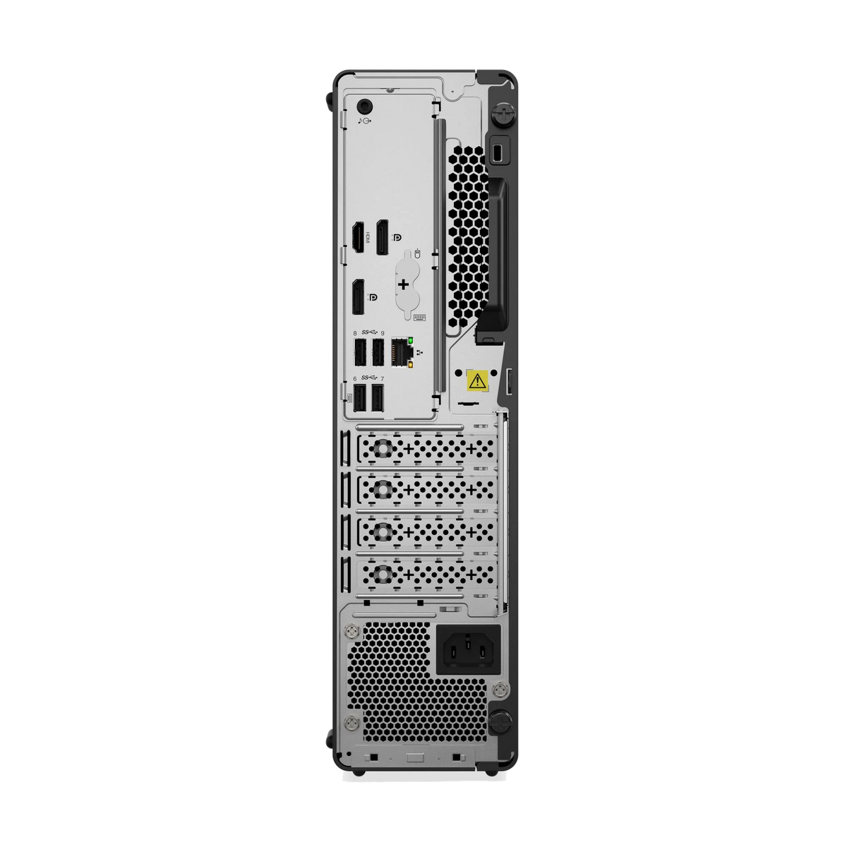 Vista trasera de un PC mostrando puertos: HDMI, USB, alimentación, ventilación.