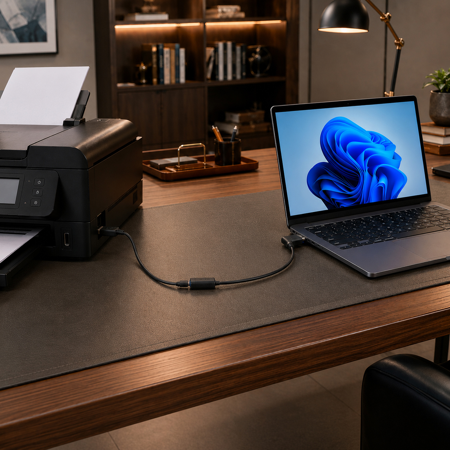 Ein schwarzer Drucker ist mit einem Laptop verbunden, der auf einem Schreibtisch steht.