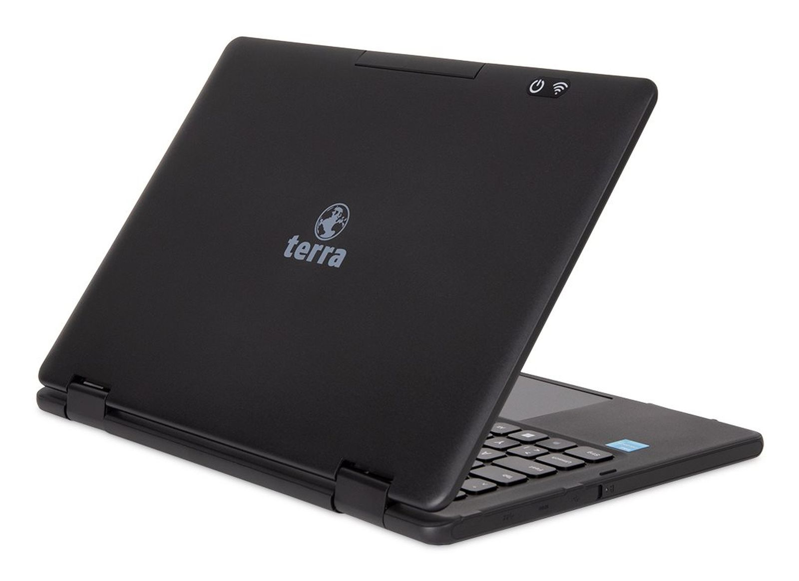 Ein schwarzer Laptop mit dem Terra-Logo und Energiespar-Symbolen.