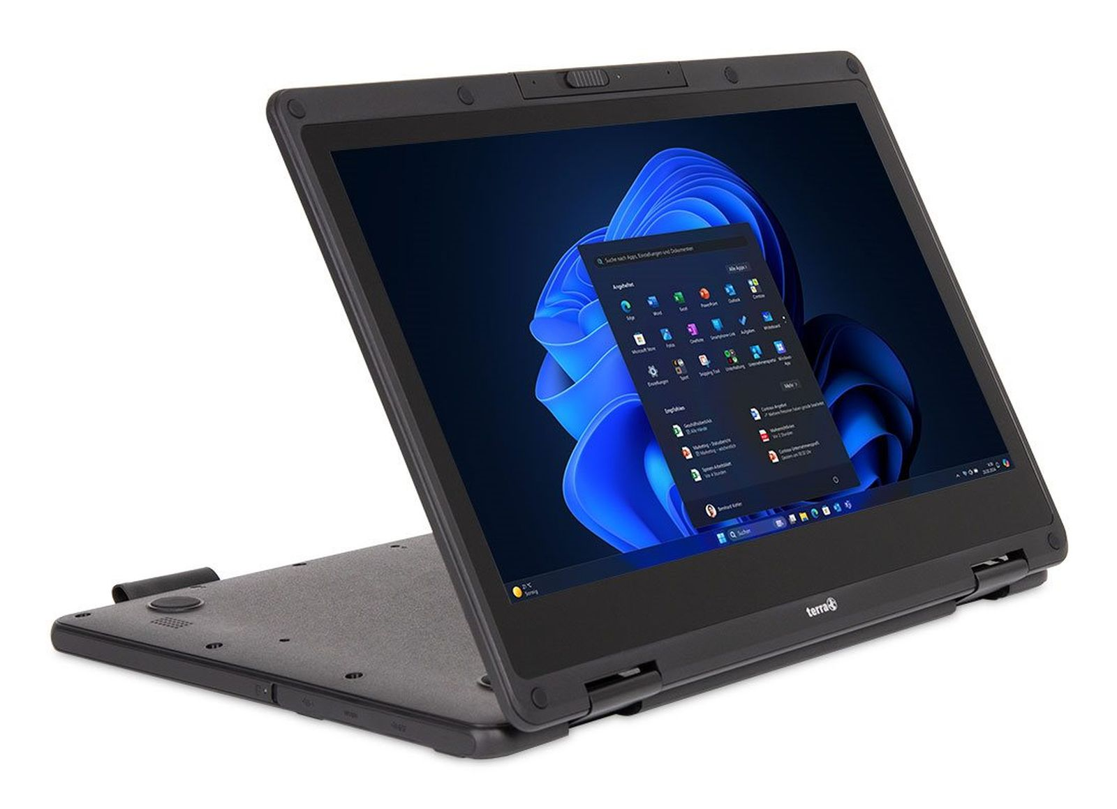 Ein offener schwarzer Laptop mit einem blauen Hintergrundbild und einer App-Liste.