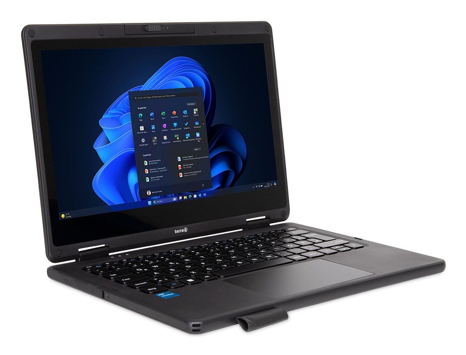 Schwarzer Laptop mit aufklappbarem Bildschirm, der ein Windows 11-Menü anzeigt.