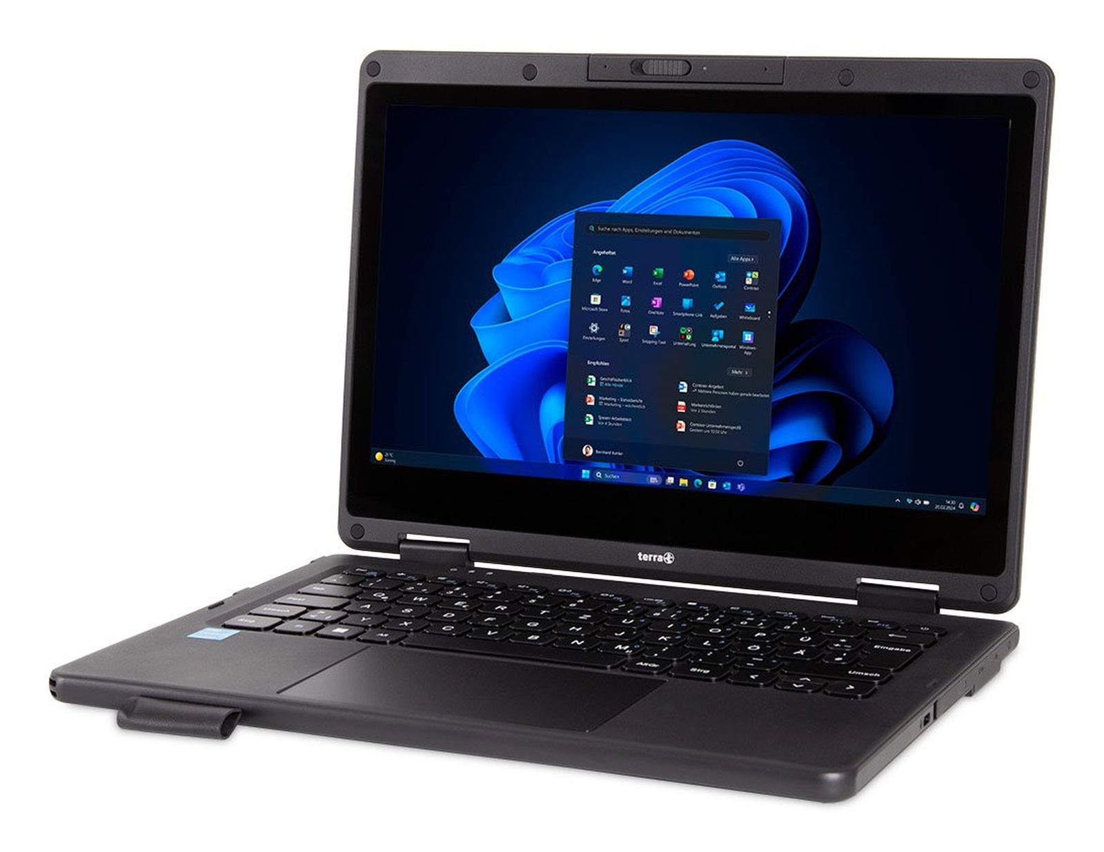 Ein schwarzer Laptop mit geöffnetem Bildschirm, auf dem Windows 11 mit Apps läuft.