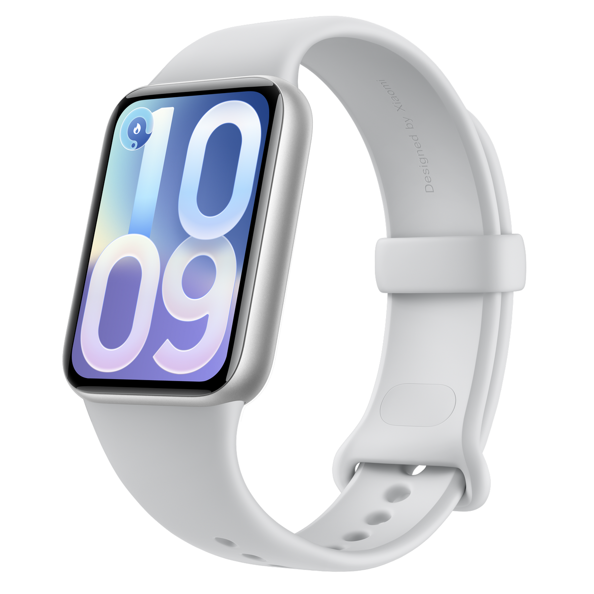 Uno smartwatch bianco che mostra le 10:09, con cinturino grigio.