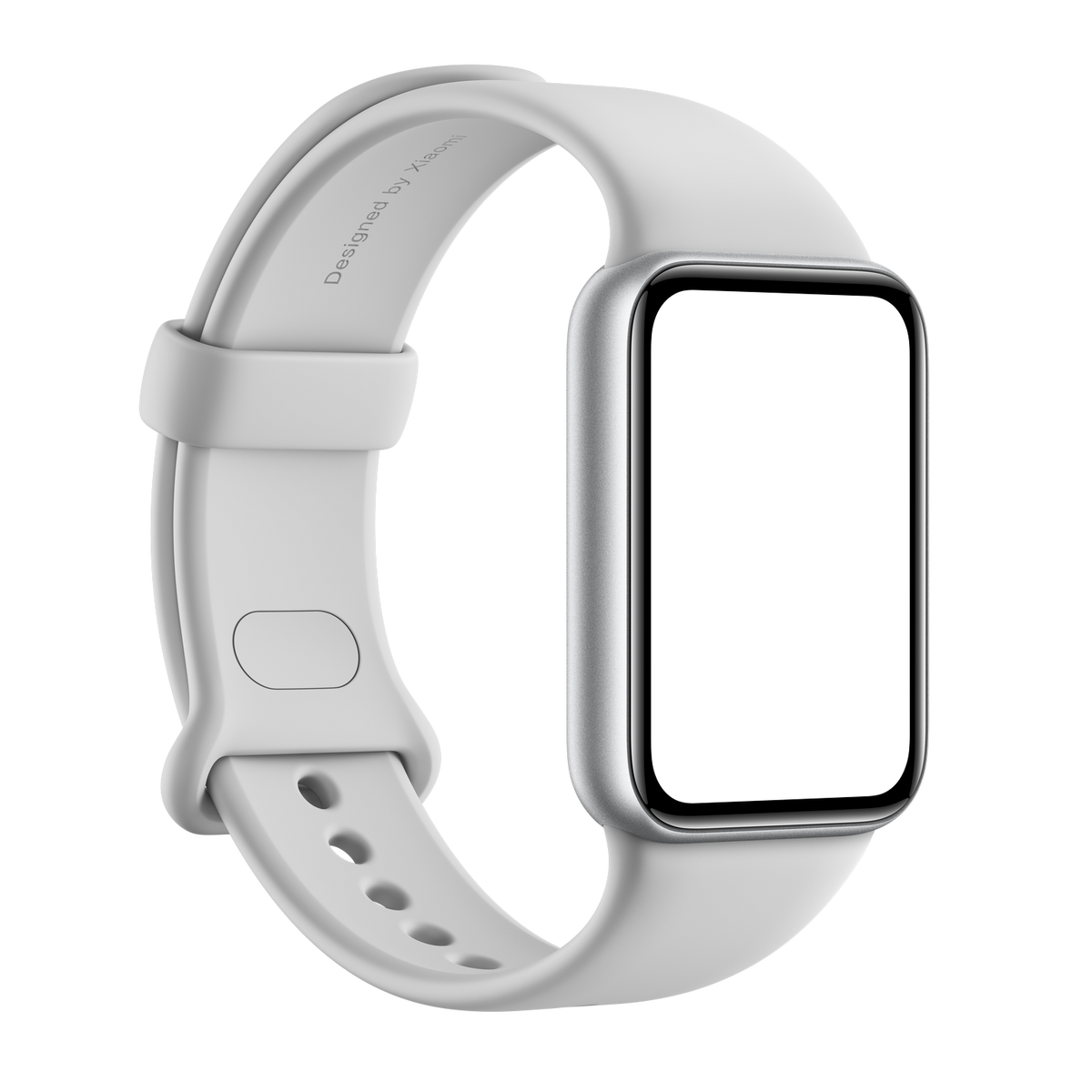 Un fitness tracker Xiaomi bianco con cornice argento e schermo nero.
