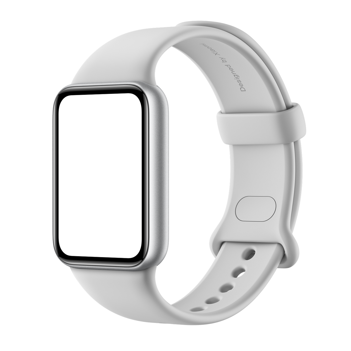 Uno smartwatch bianco con cassa argentata e schermo nero.