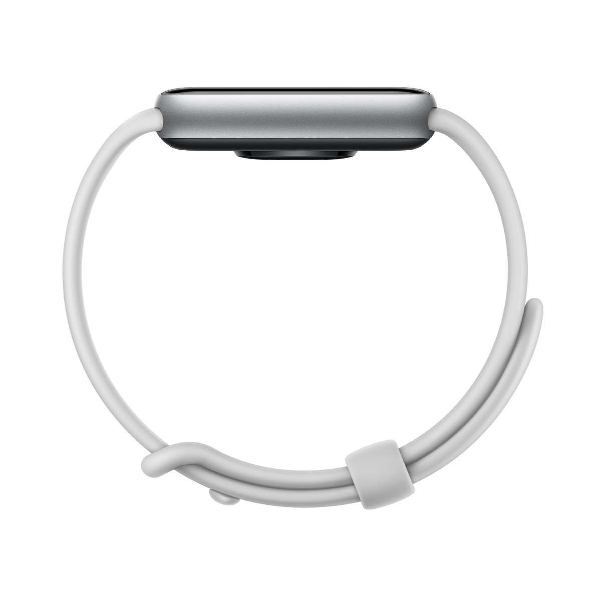 Cassa di smartwatch argentata con cinturino bianco su sfondo nero.