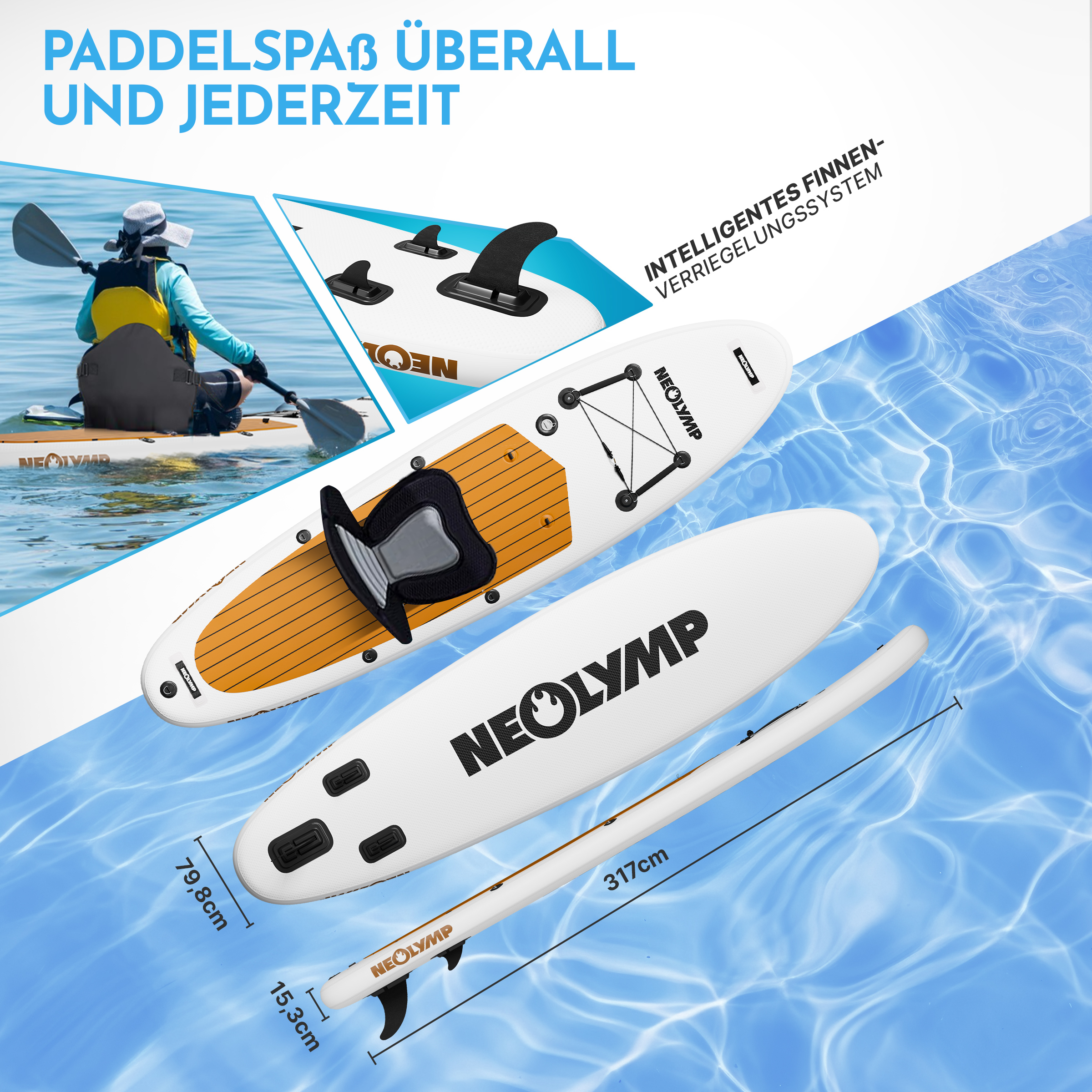 Ein Mann auf einem Stand-Up-Paddleboard mit Paddel, auf dem Wasser.