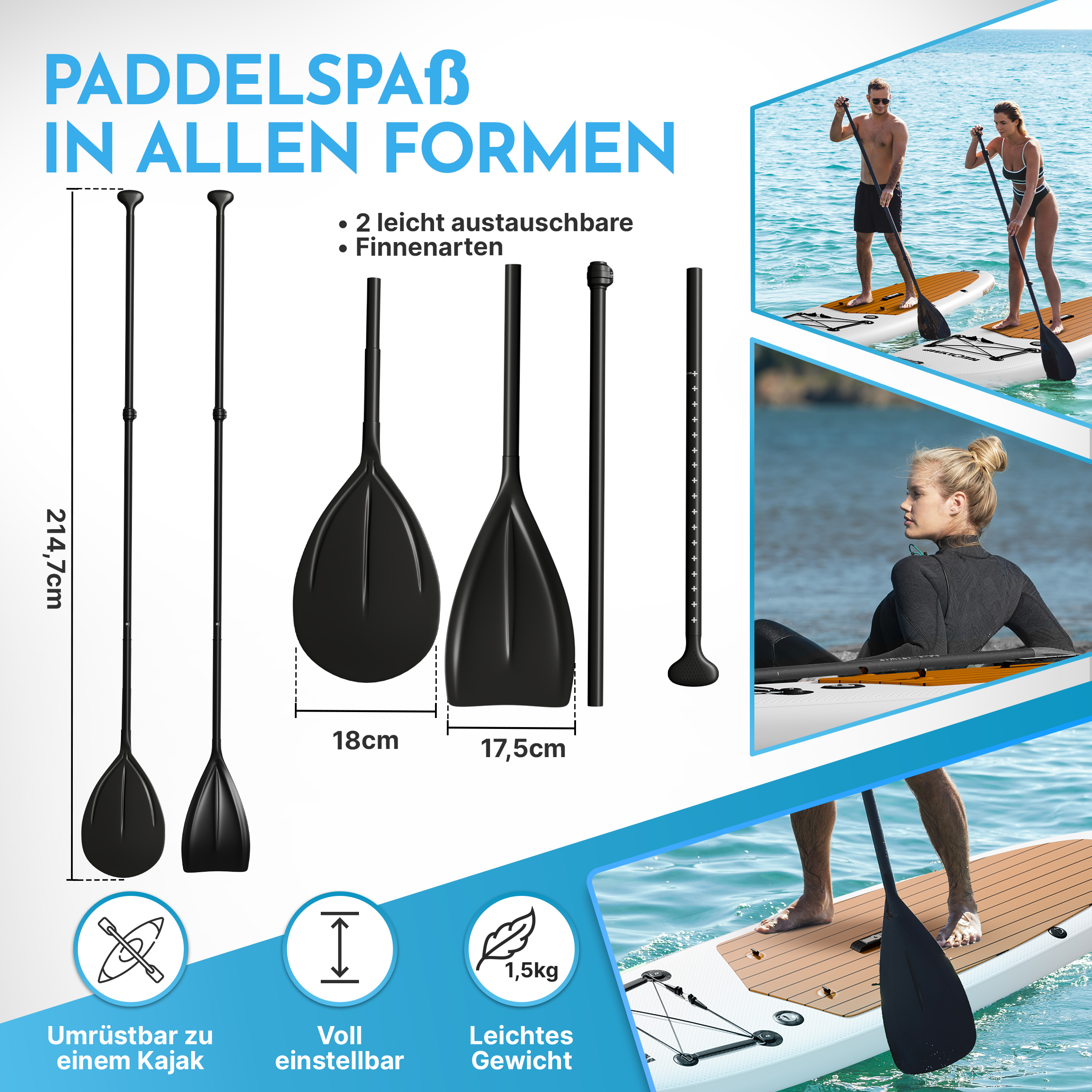 Paddel und Stand-Up-Paddleboards im Wasser, mit Größenangaben.