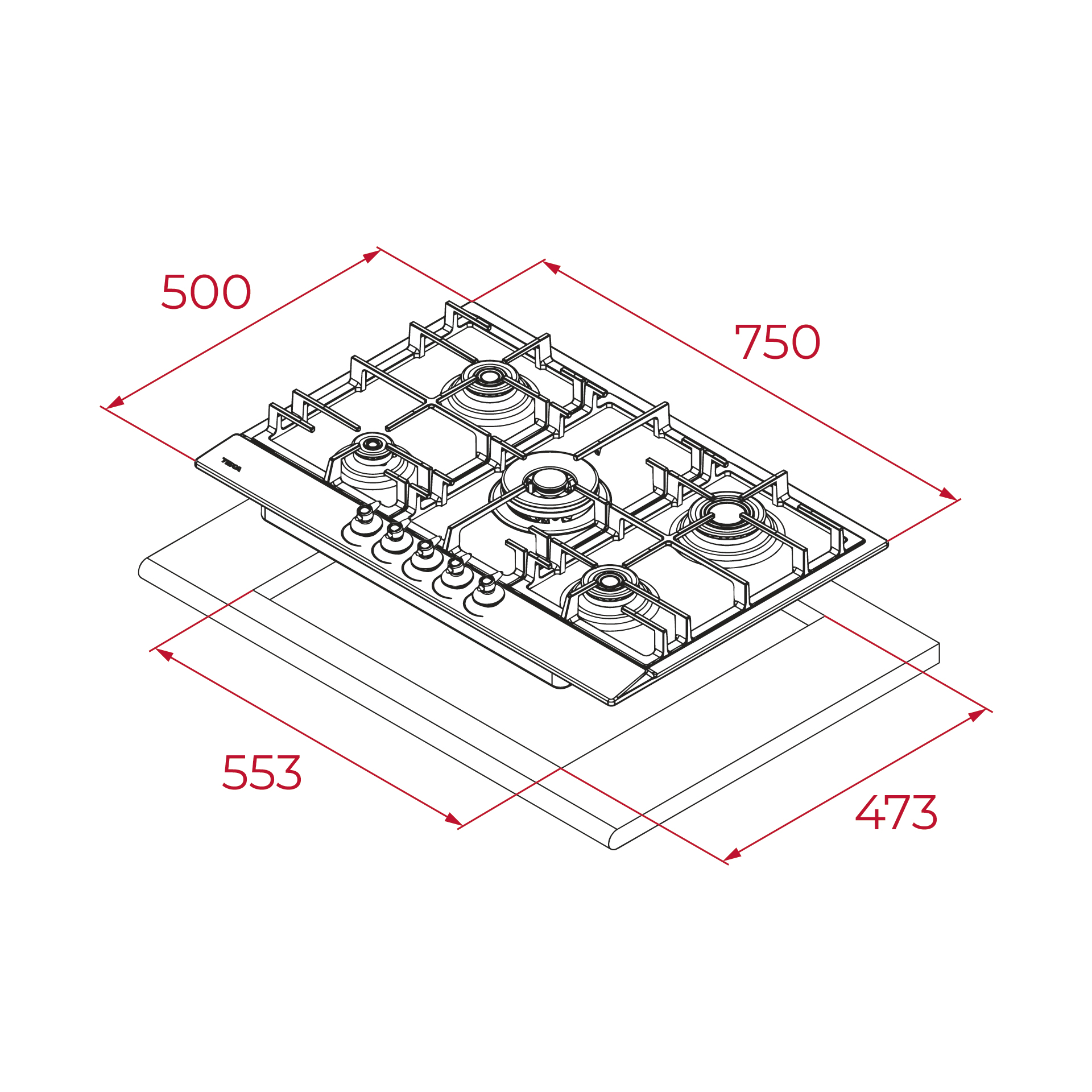 Gazlı ocak teknik çizimi, boyutları 750x500x473x553 mm.