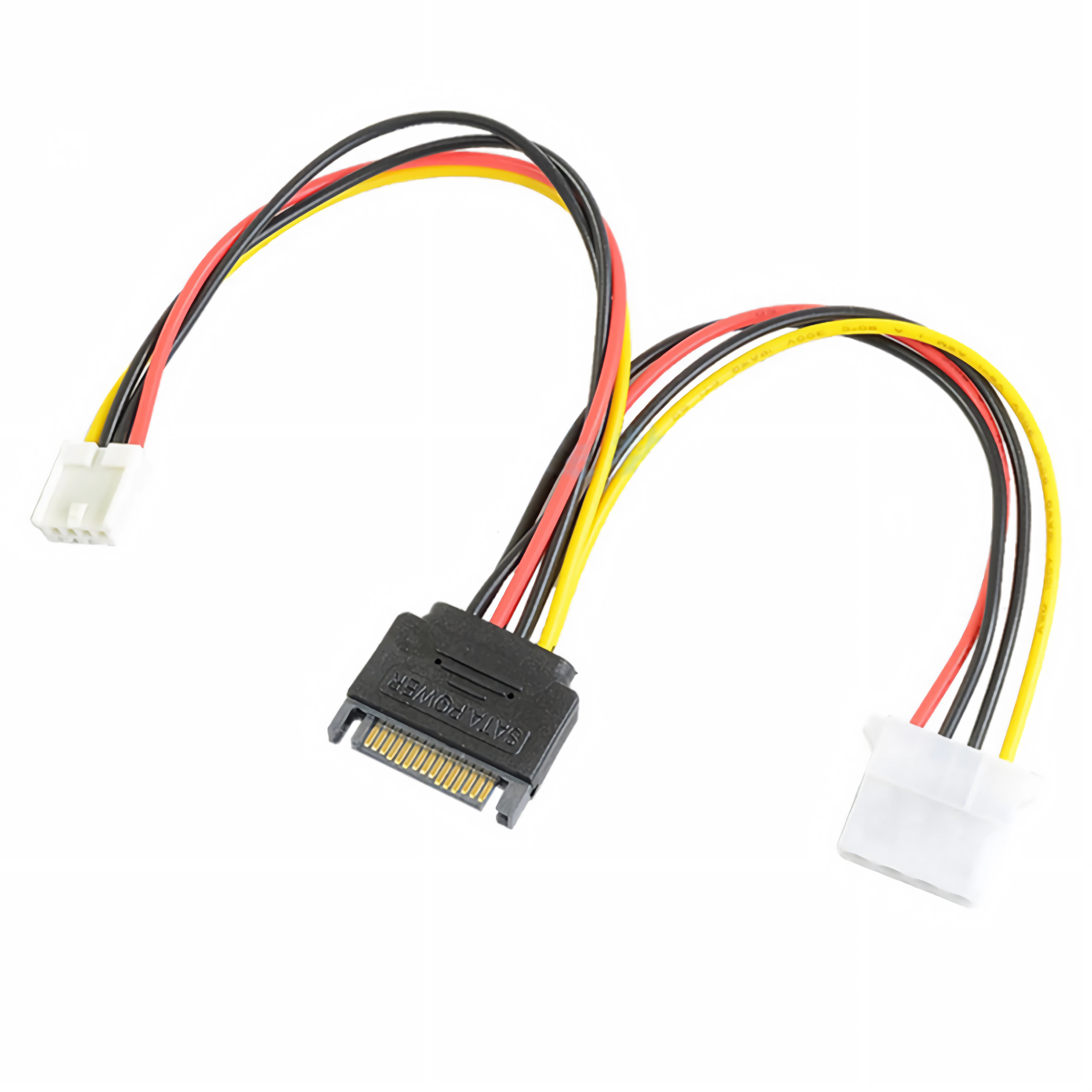 Ein weißer Stecker, ein schwarzer SATA-Stecker und ein weißer Stecker mit roten, schwarzen und gelben Kabeln.