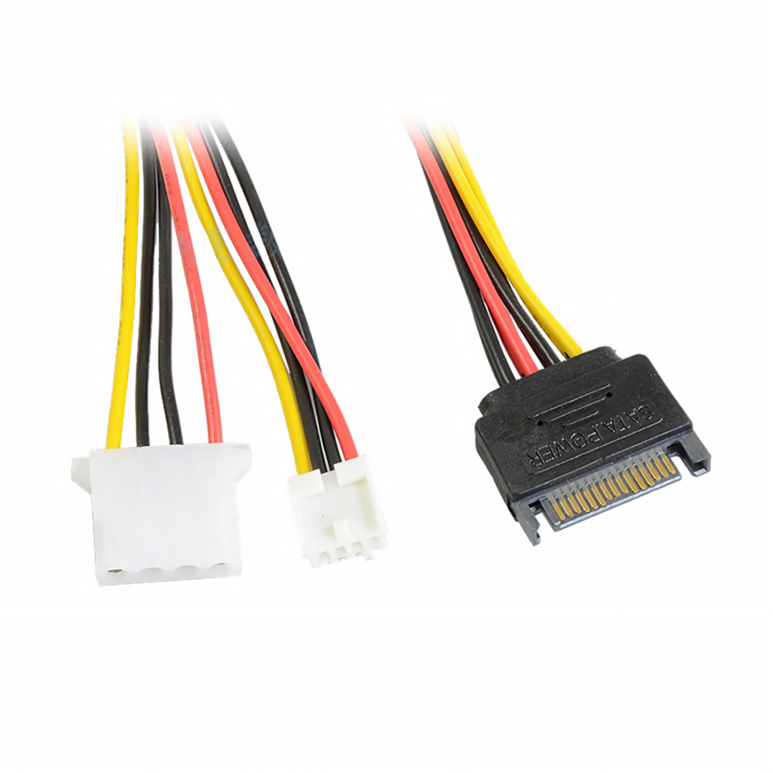 Ein weißer Stecker und ein schwarzer SATA-Stromstecker mit Kabeln.