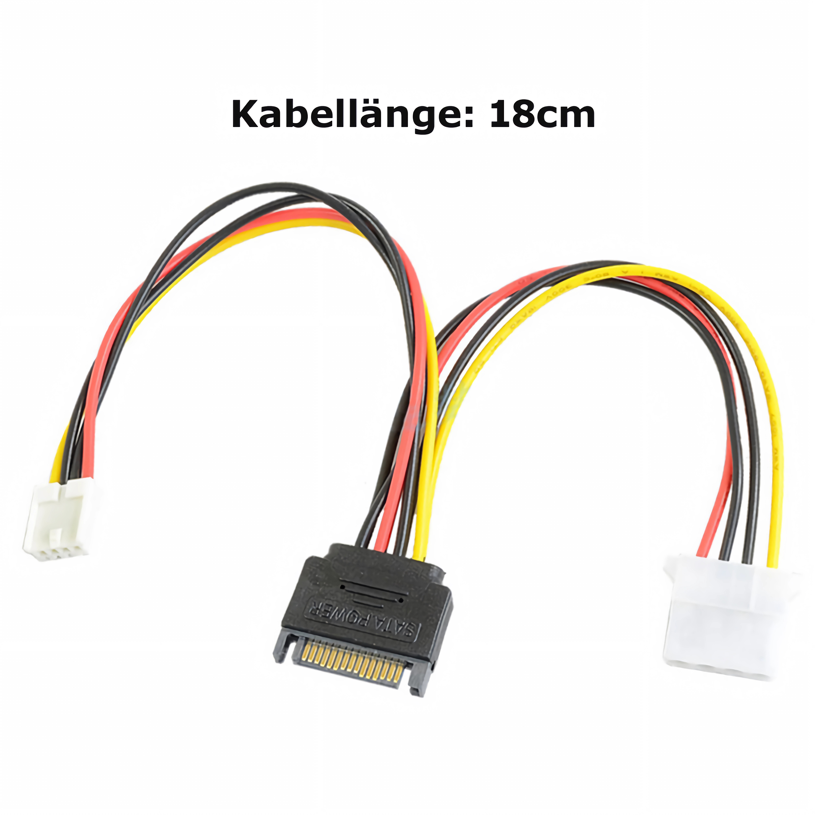 Ein SATA-Stromkabel mit 18cm Länge, schwarz, rot und gelb.
