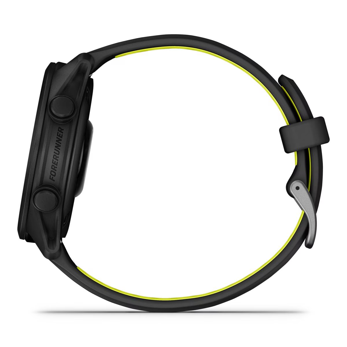 Reloj deportivo negro con línea de acento amarilla y hebilla plateada.