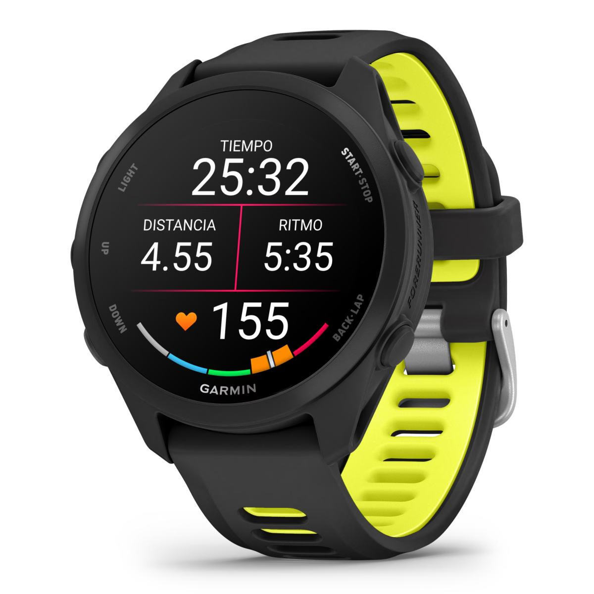 Un reloj inteligente Garmin Forerunner negro con banda amarillo neón muestra tiempo, distancia, ritmo y pulso.