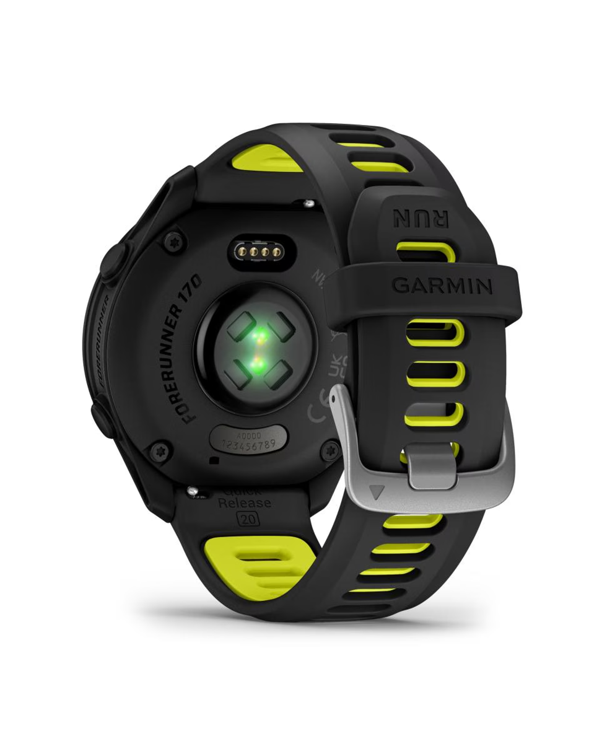 Parte trasera de un smartwatch Garmin Forerunner 170 negro con detalles amarillos.