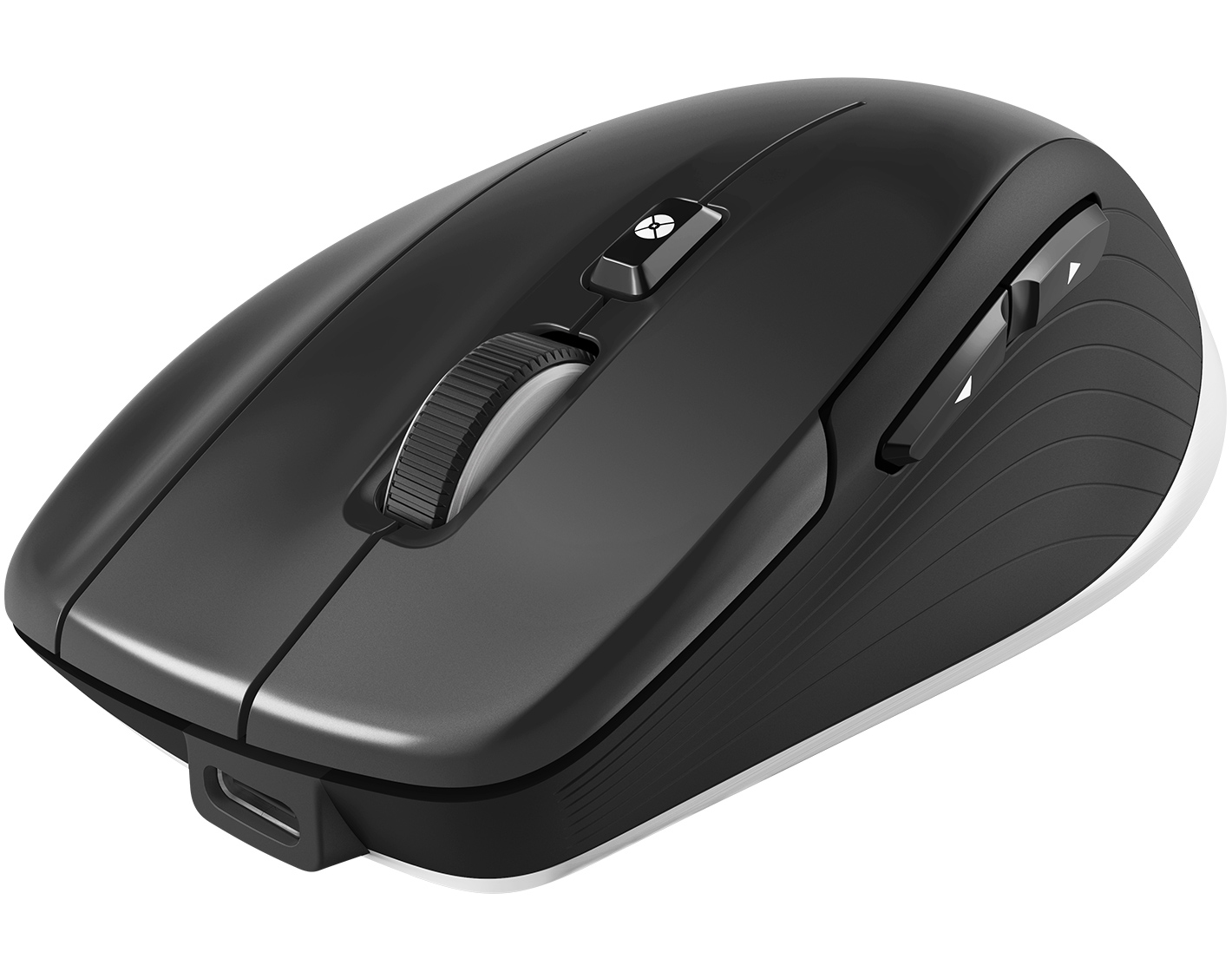 Een zwarte computermuis met scrollwiel en extra knoppen.