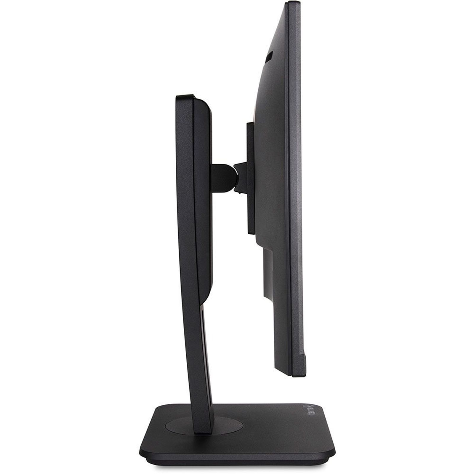 Monitor per computer nero su supporto, vista laterale.