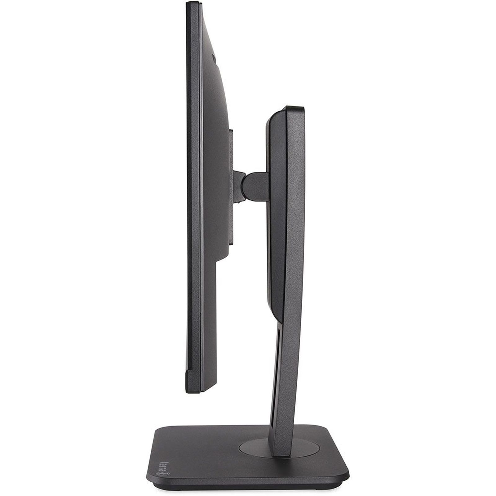 Vista laterale di un monitor nero su un supporto su sfondo bianco.