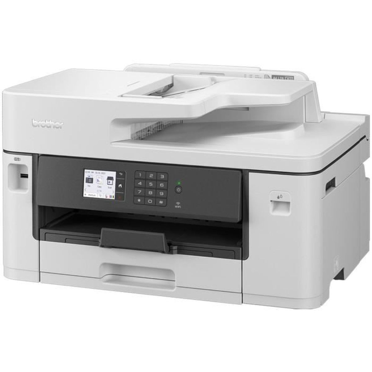 Een witte Brother multifunctionele printer met zwart bedieningspaneel en toetsenbord.