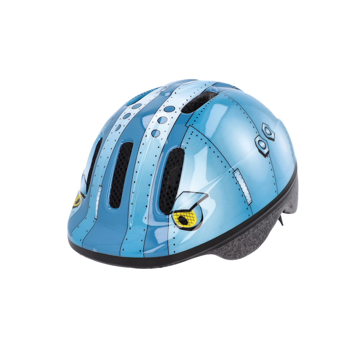 Ein blauer Kinderhelm mit Roboterdesign und Lüftungsschlitzen.