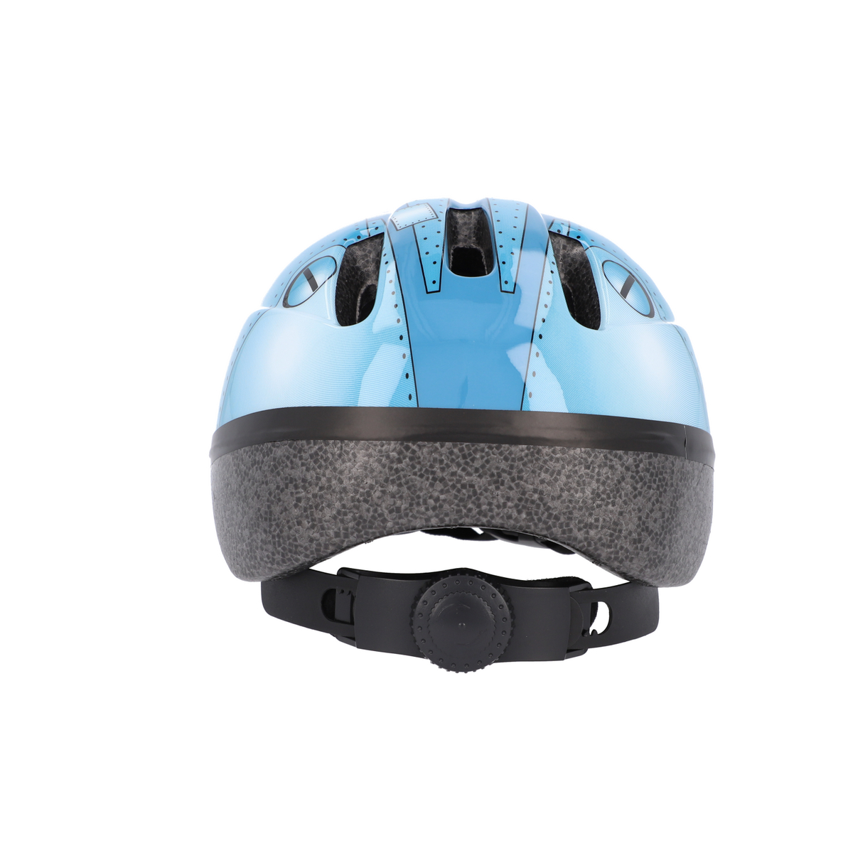 Ein blauer Kinderhelm mit Nietenmuster und Belüftungsöffnungen.