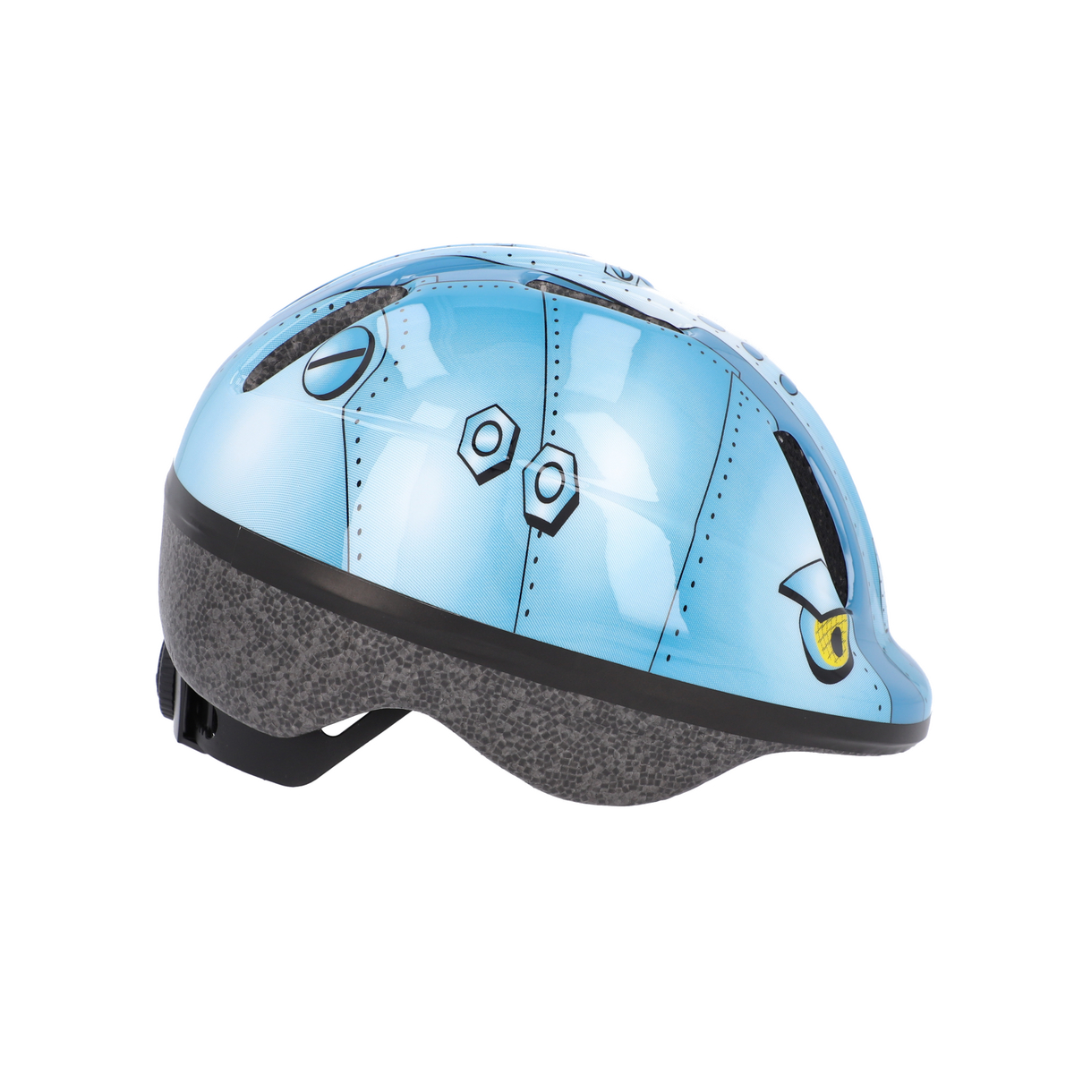 Ein blauer Helm mit Roboter-Design, Schrauben und einem Auge.