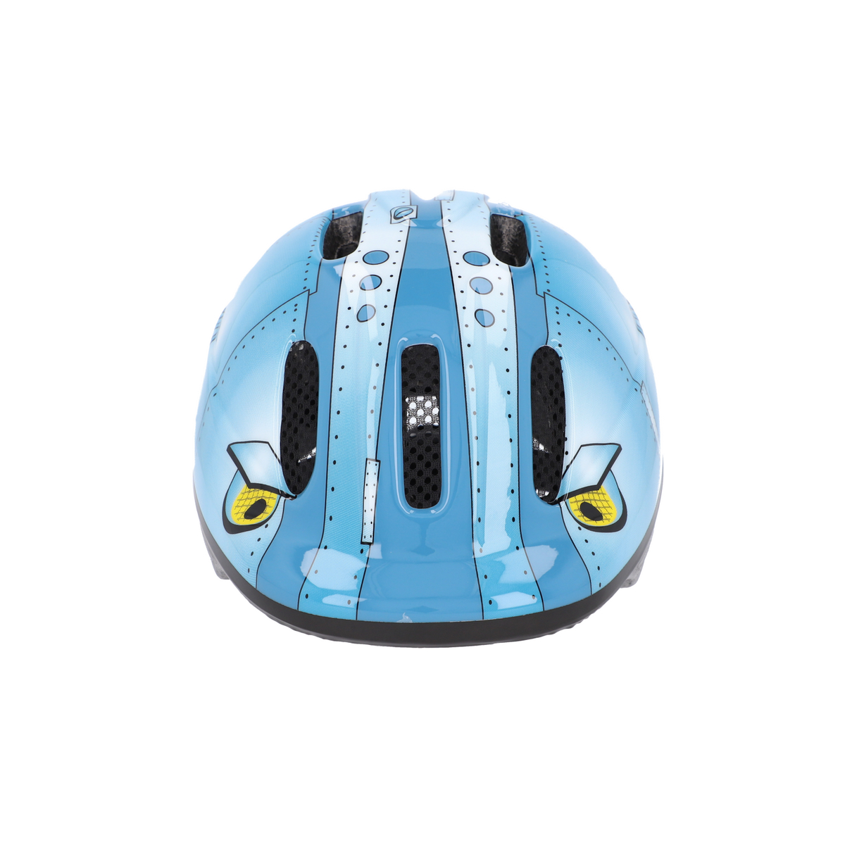 Blauer Kinderfahrradhelm mit Cartoon-Augen und Flugzeugdetails.