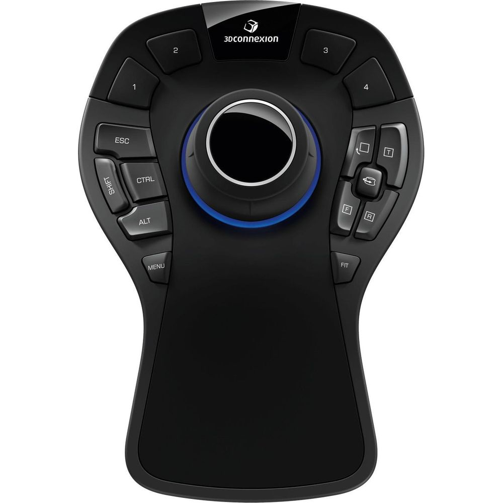 Schwarzer 3D-Maus-Controller mit blauem Ring um das Steuerkreuz und Tasten.