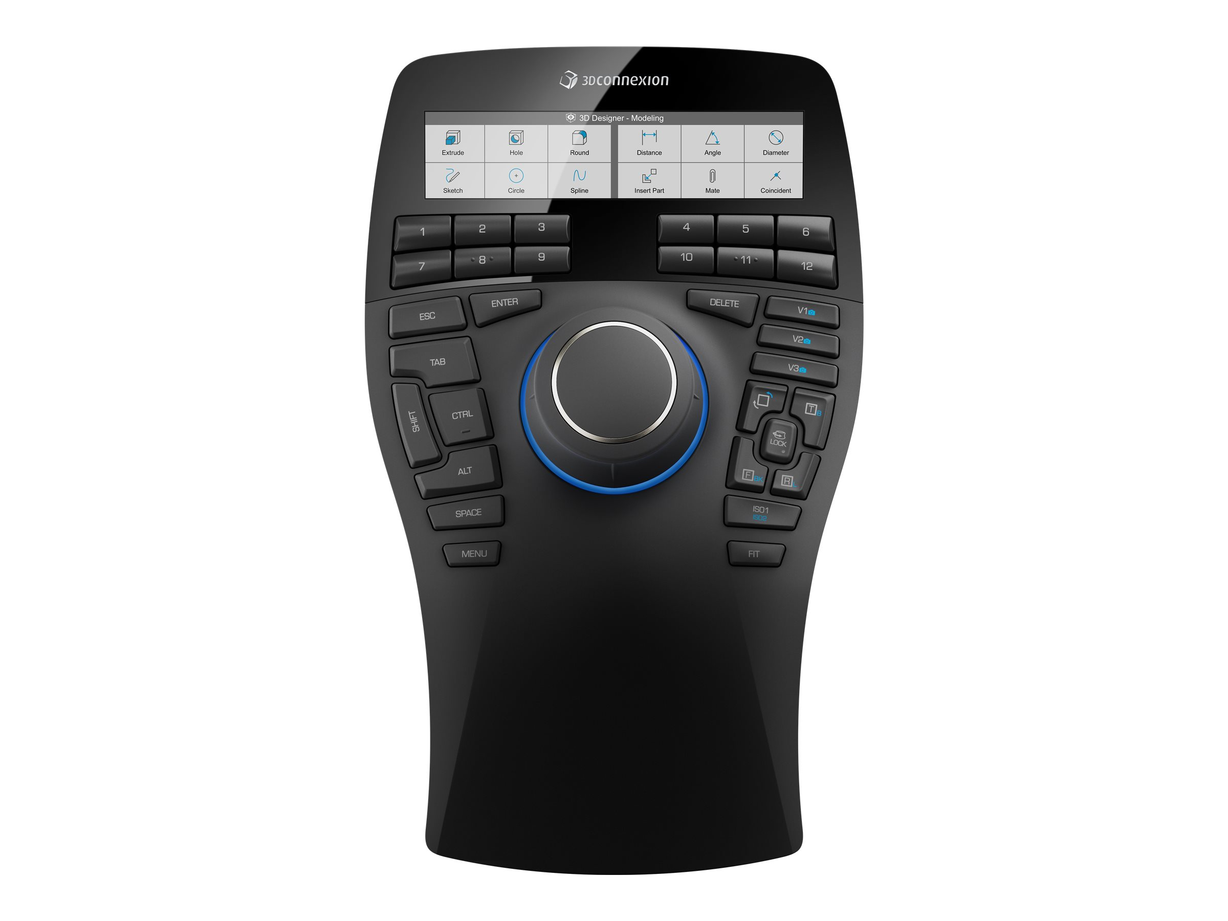 A black 3D mouse device with numerous buttons and a touchscreen display.