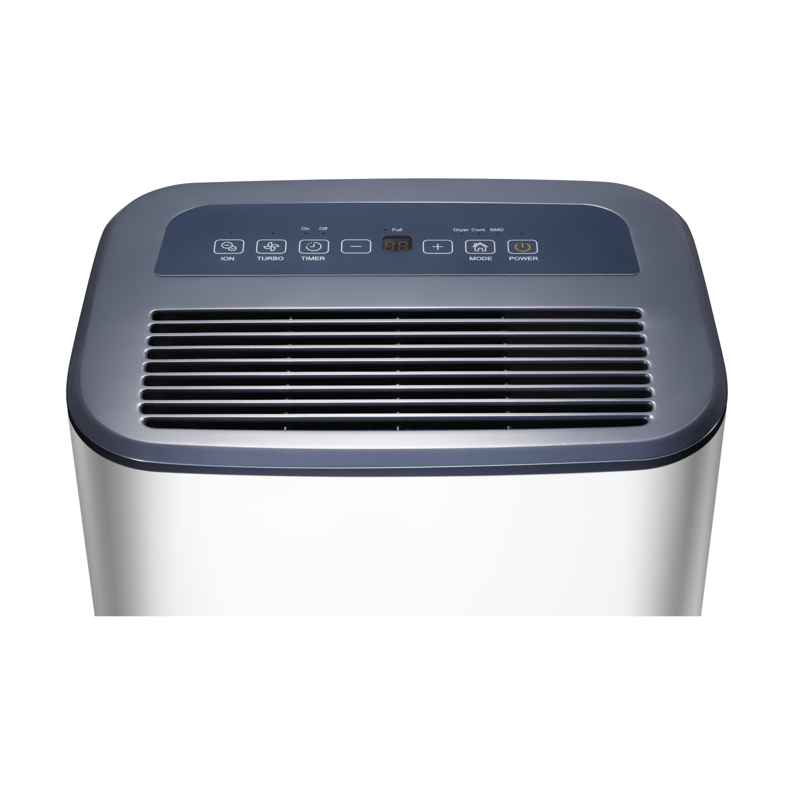 Un deumidificatore bianco e grigio con pulsanti del pannello di controllo: ION, TURBO, TIMER, MODE, POWER.
