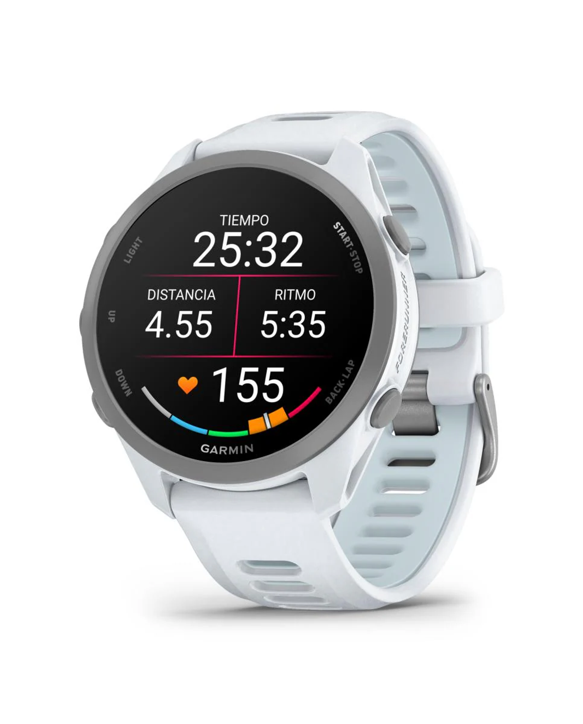 Reloj deportivo Garmin blanco con pantalla negra mostrando hora, distancia, ritmo y FC.