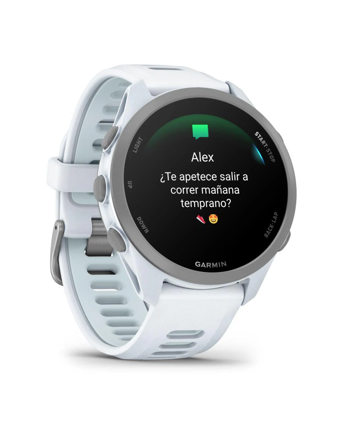 Reloj inteligente Garmin blanco muestra mensaje de Alex: ¿Correr mañana?