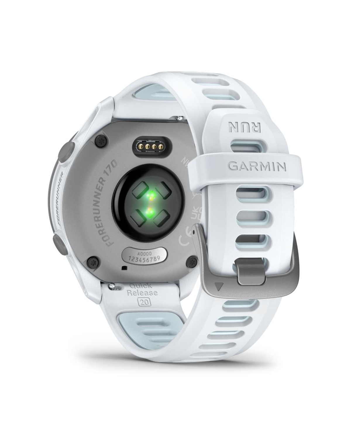 Reloj inteligente blanco Garmin Forerunner 170 con monitor de ritmo cardíaco y correa de liberación rápida.