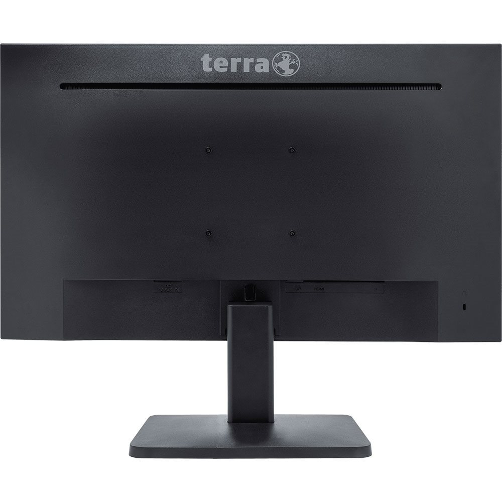 Achterkant van een zwarte Terra monitor met standaard en poorten.