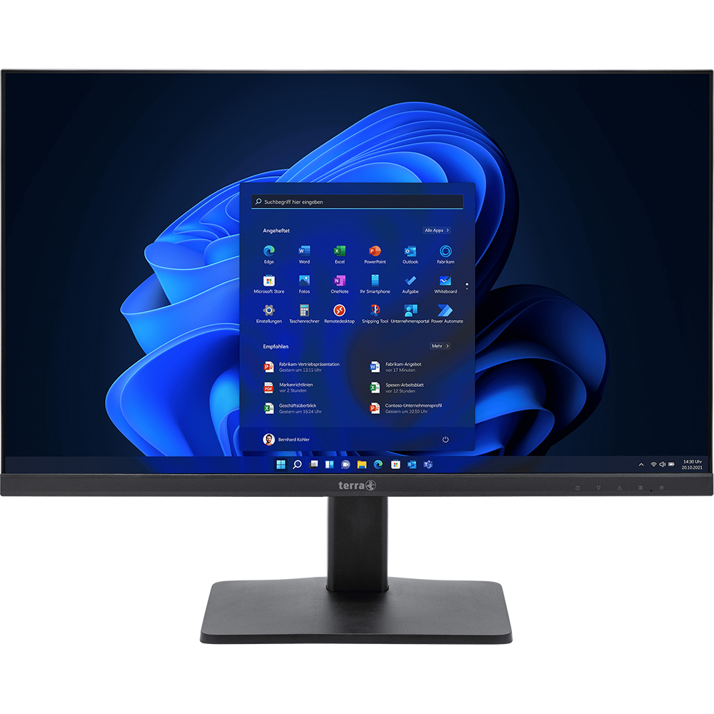 Een moderne computermonitor die het Windows 11 startmenu weergeeft met een blauwe golf-achtergrondafbeelding.