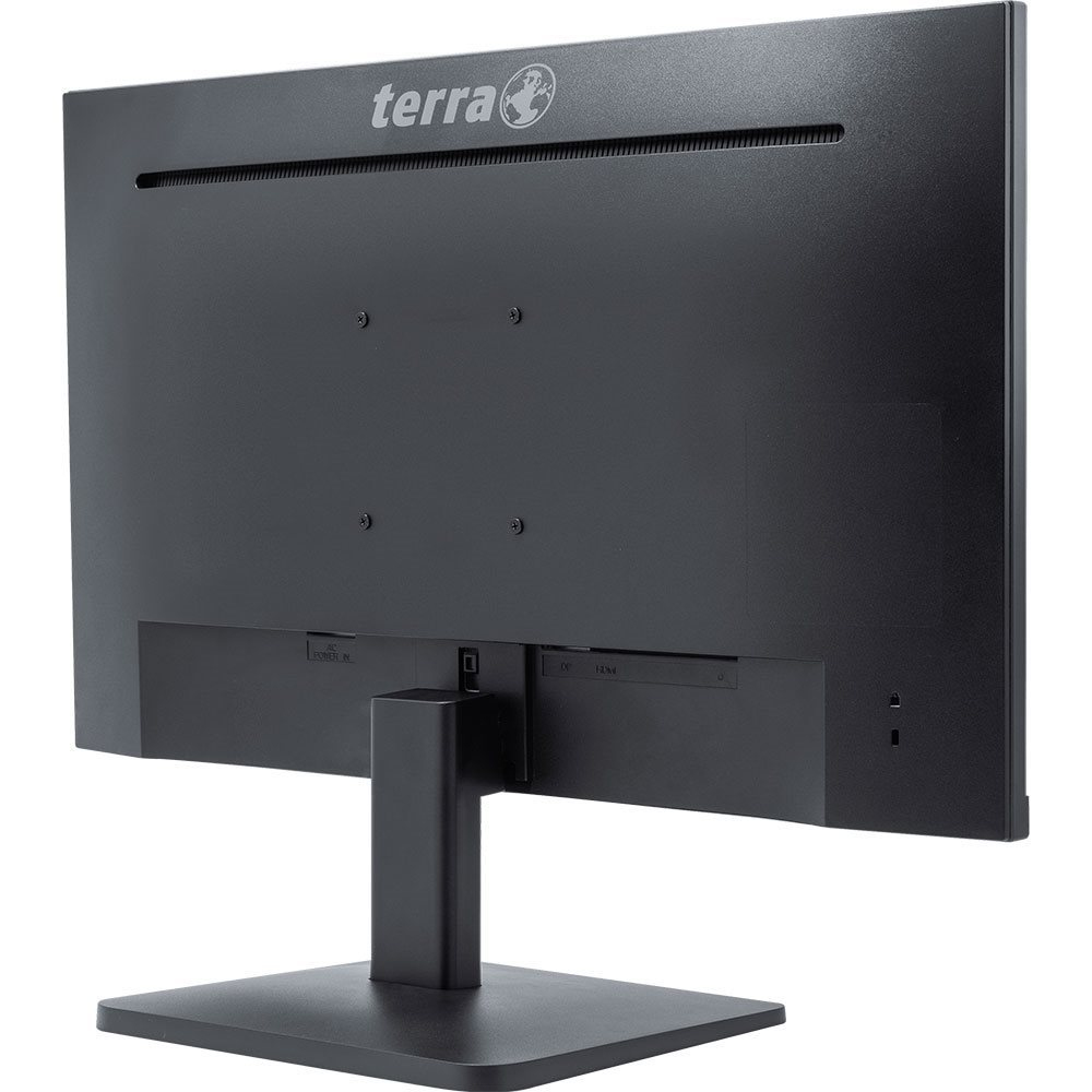 Achterkant van een zwarte Terra monitor met poorten en standaard.