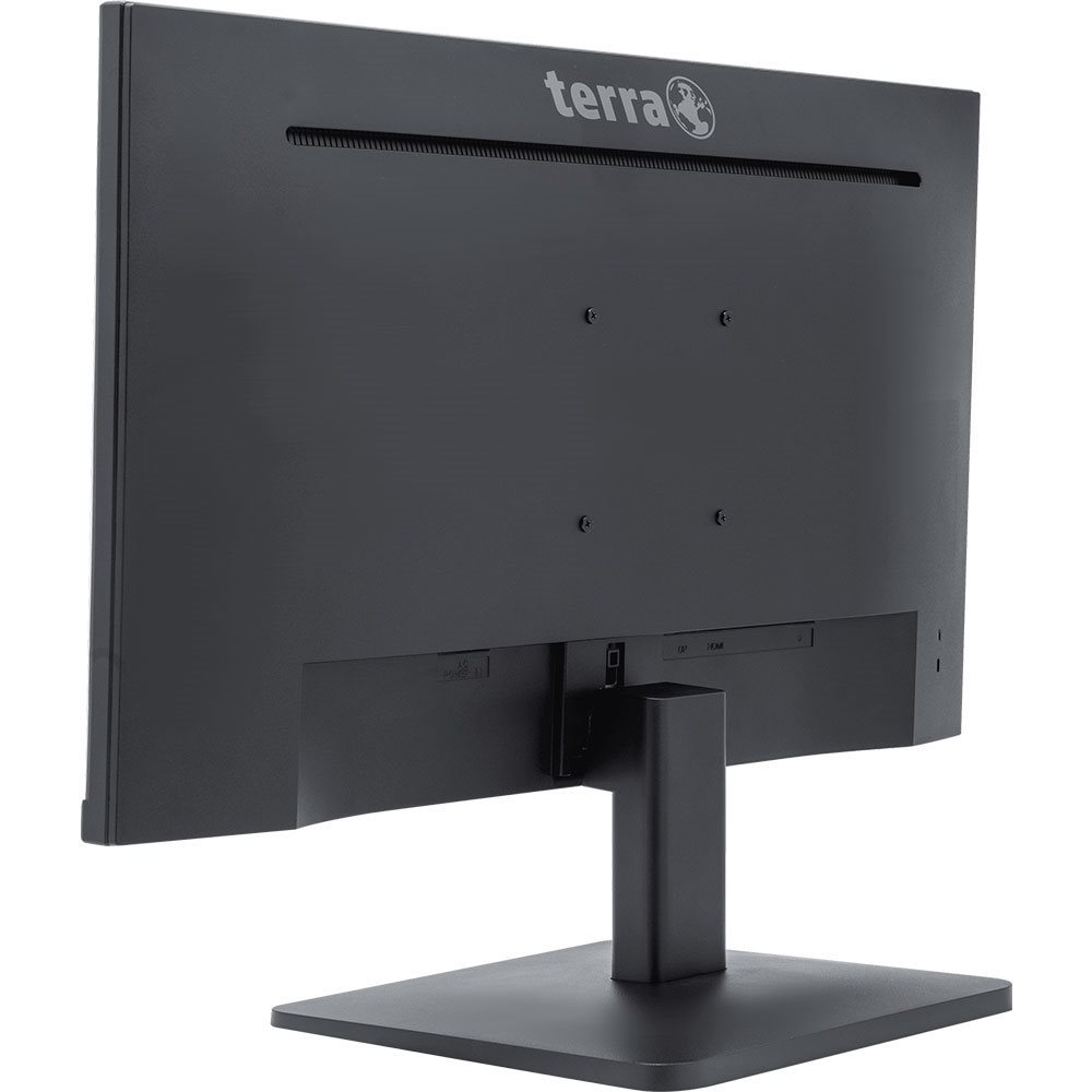 Achterkant van een zwarte monitor met Terra-logo bovenaan en poorten onderaan.