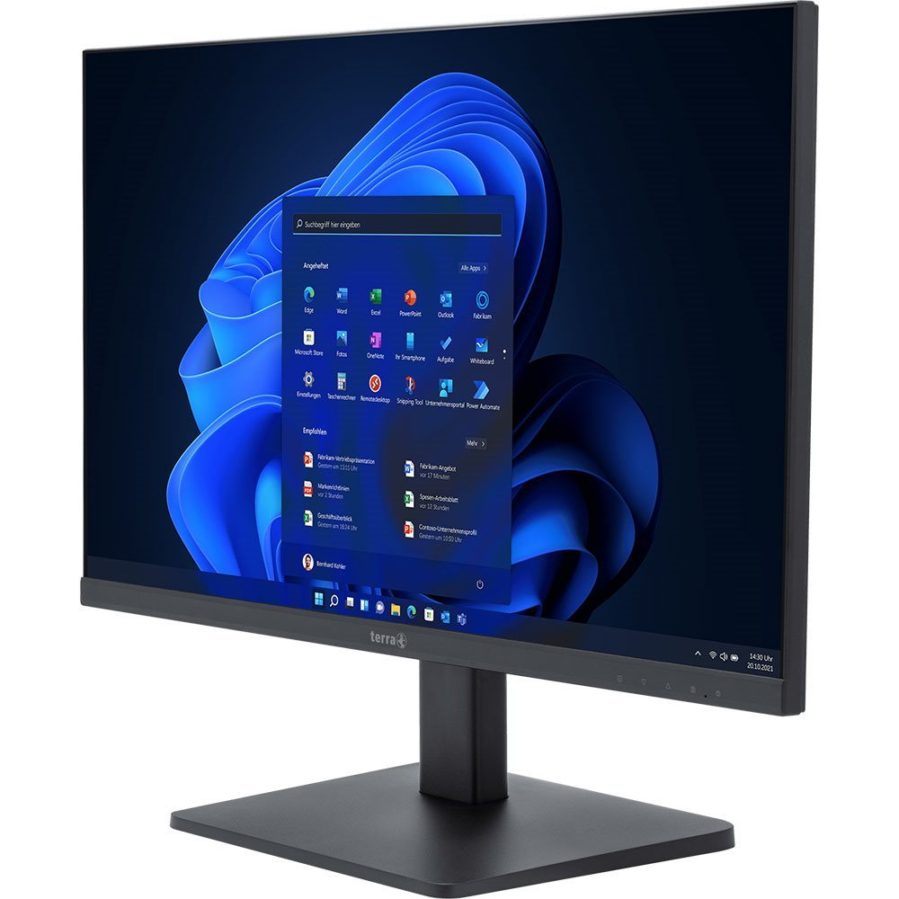 Een zwarte computermonitor toont het Windows 11 startmenu met apps.