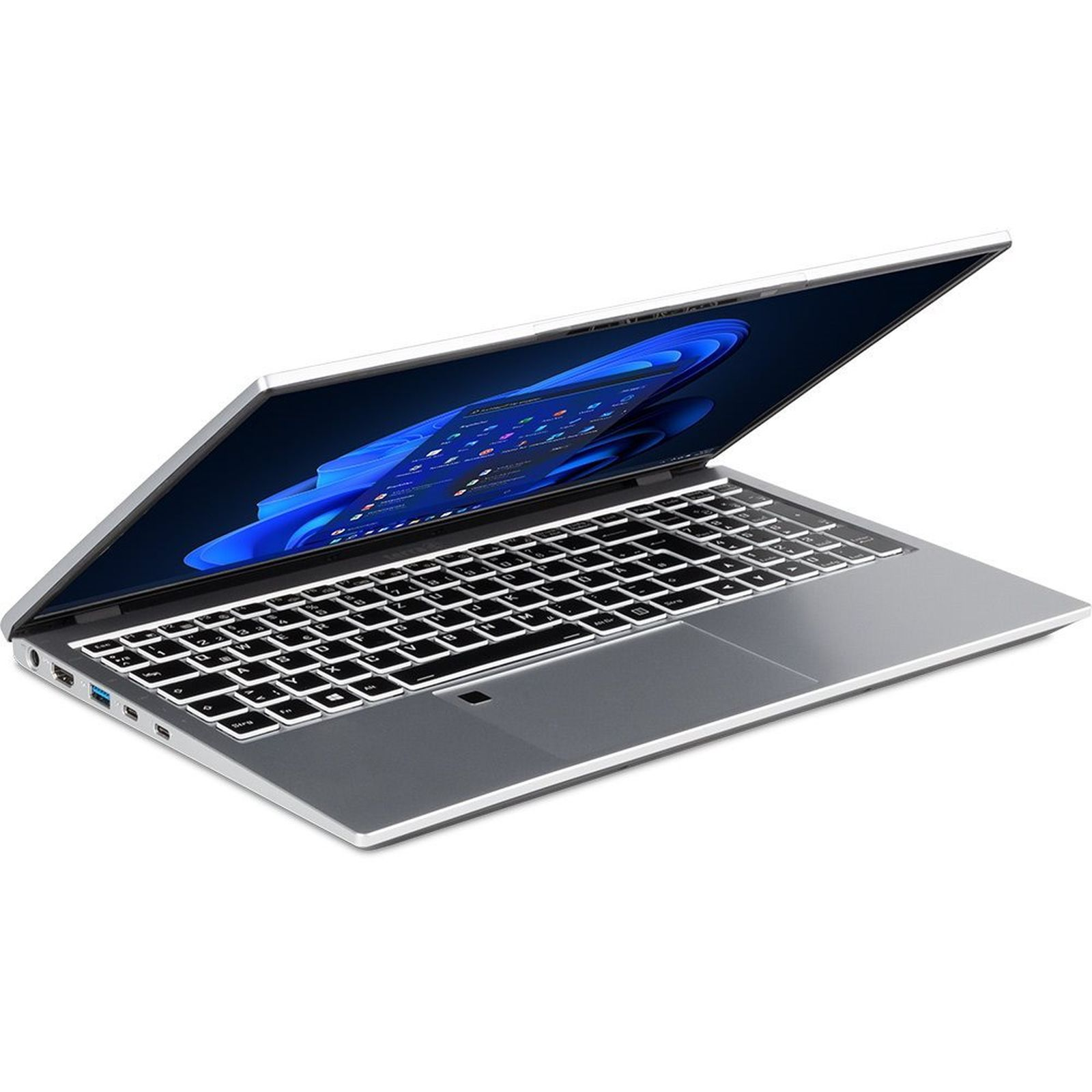 Ein geöffneter silberner Laptop mit einem blauen Hintergrund auf dem Bildschirm.