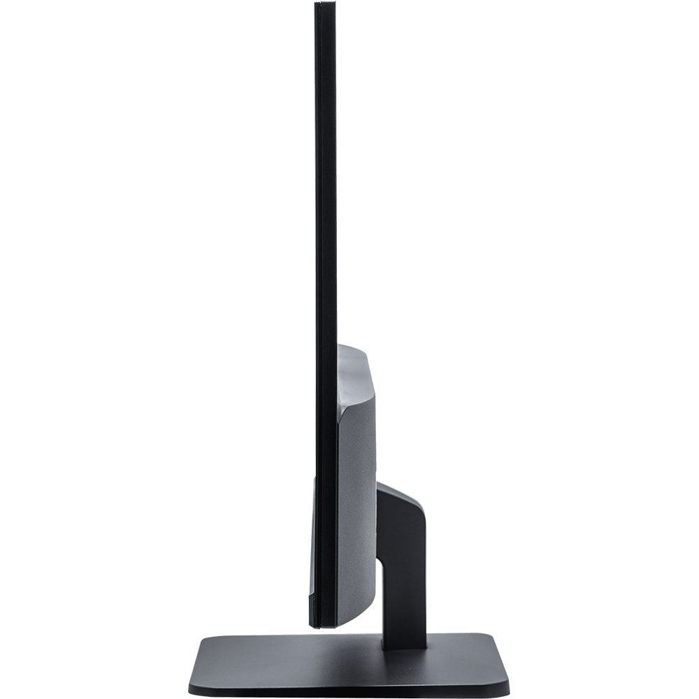 Zijaanzicht van een zwarte monitor op een zwarte standaard, geïsoleerd op witte achtergrond.